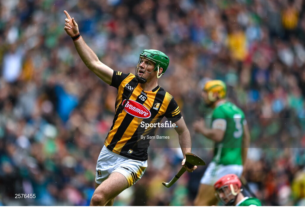 23 July 2023; Eoin Cody of Kilkenny celebrates after scoring his side's first goal during the GAA Hurling All-Ireland Senior Championship final match between Kilkenny and Limerick at Croke Park in Dublin. Photo by Sam Barnes/Sportsfile