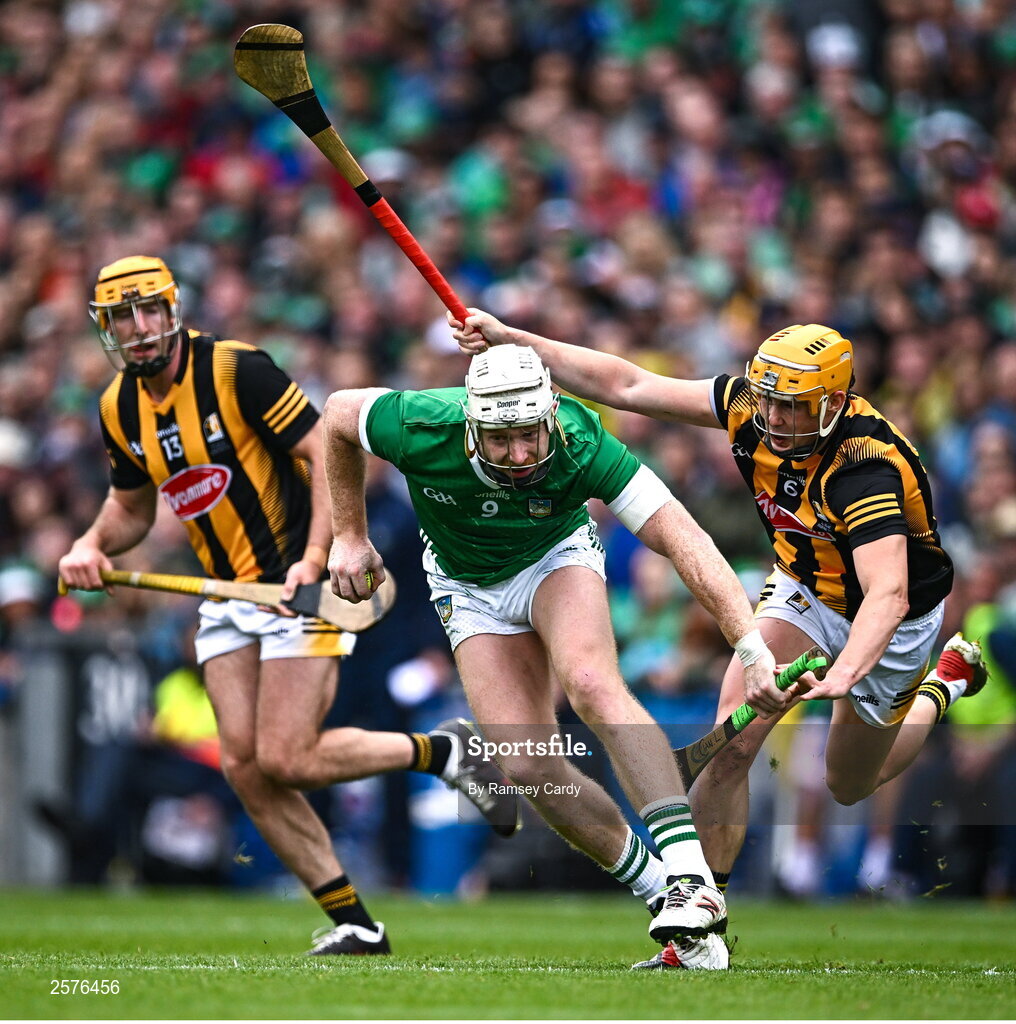 23 July 2023; Cian Lynch of Limerick in action against Richie Reid of Kilkenny during the GAA Hurling All-Ireland Senior Championship final match between Kilkenny and Limerick at Croke Park in Dublin. Photo by Ramsey Cardy/Sportsfile