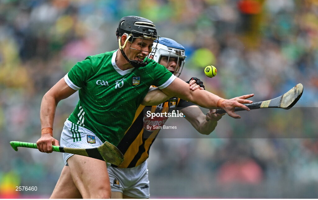23 July 2023; Gearóid Hegarty of Limerick in action against TJ Reid of Kilkenny during the GAA Hurling All-Ireland Senior Championship final match between Kilkenny and Limerick at Croke Park in Dublin. Photo by Sam Barnes/Sportsfile