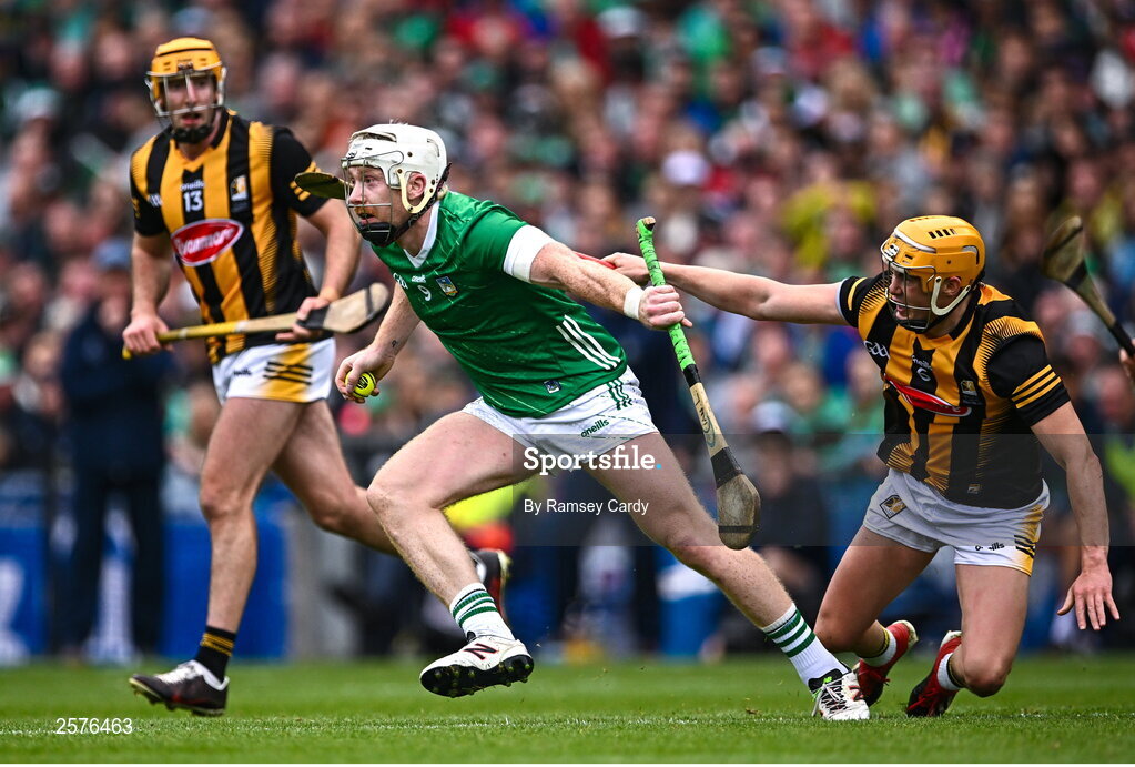 23 July 2023; Cian Lynch of Limerick in action against Richie Reid of Kilkenny during the GAA Hurling All-Ireland Senior Championship final match between Kilkenny and Limerick at Croke Park in Dublin. Photo by Ramsey Cardy/Sportsfile