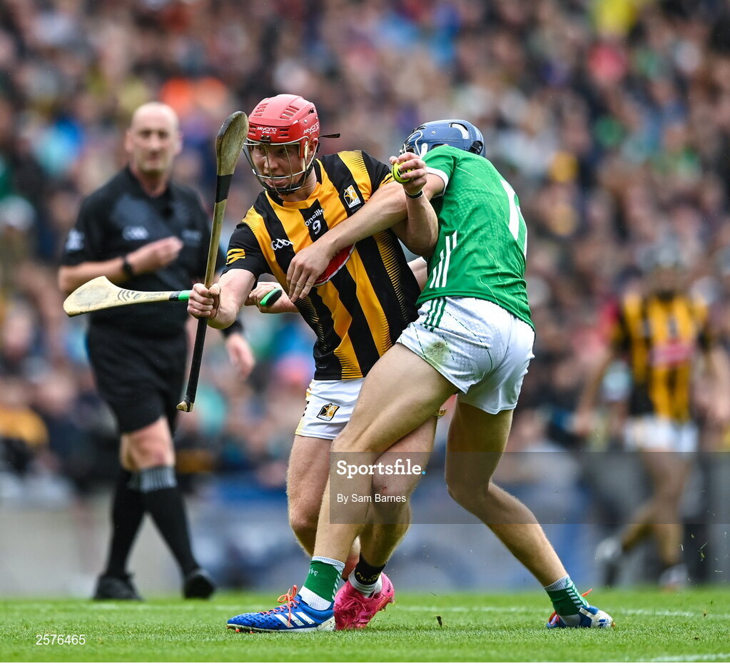 23 July 2023; Adrian Mullen of Kilkenny in action against David Reidy of Limerick during the GAA Hurling All-Ireland Senior Championship final match between Kilkenny and Limerick at Croke Park in Dublin. Photo by Sam Barnes/Sportsfile