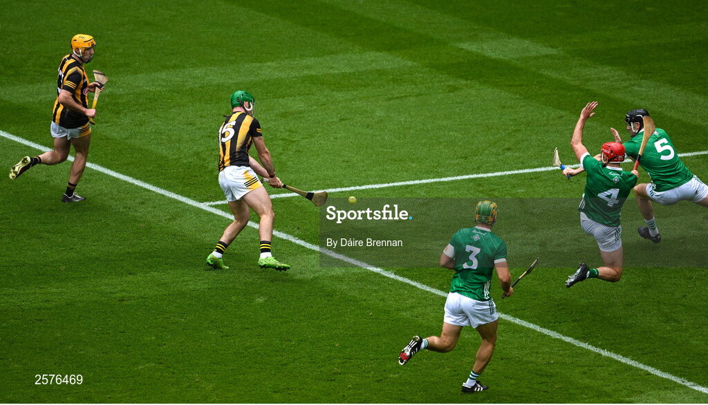 23 July 2023; Eoin Cody of Kilkenny scores his side's first goal during the GAA Hurling All-Ireland Senior Championship final match between Kilkenny and Limerick at Croke Park in Dublin. Photo by Daire Brennan/Sportsfile