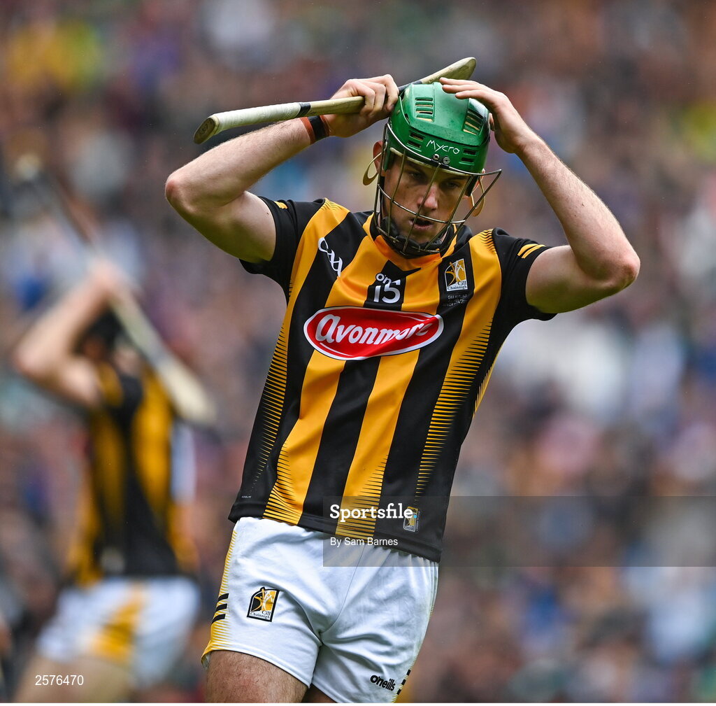 23 July 2023; Eoin Cody of Kilkenny reacts to a missed opportunity during the GAA Hurling All-Ireland Senior Championship final match between Kilkenny and Limerick at Croke Park in Dublin. Photo by Sam Barnes/Sportsfile