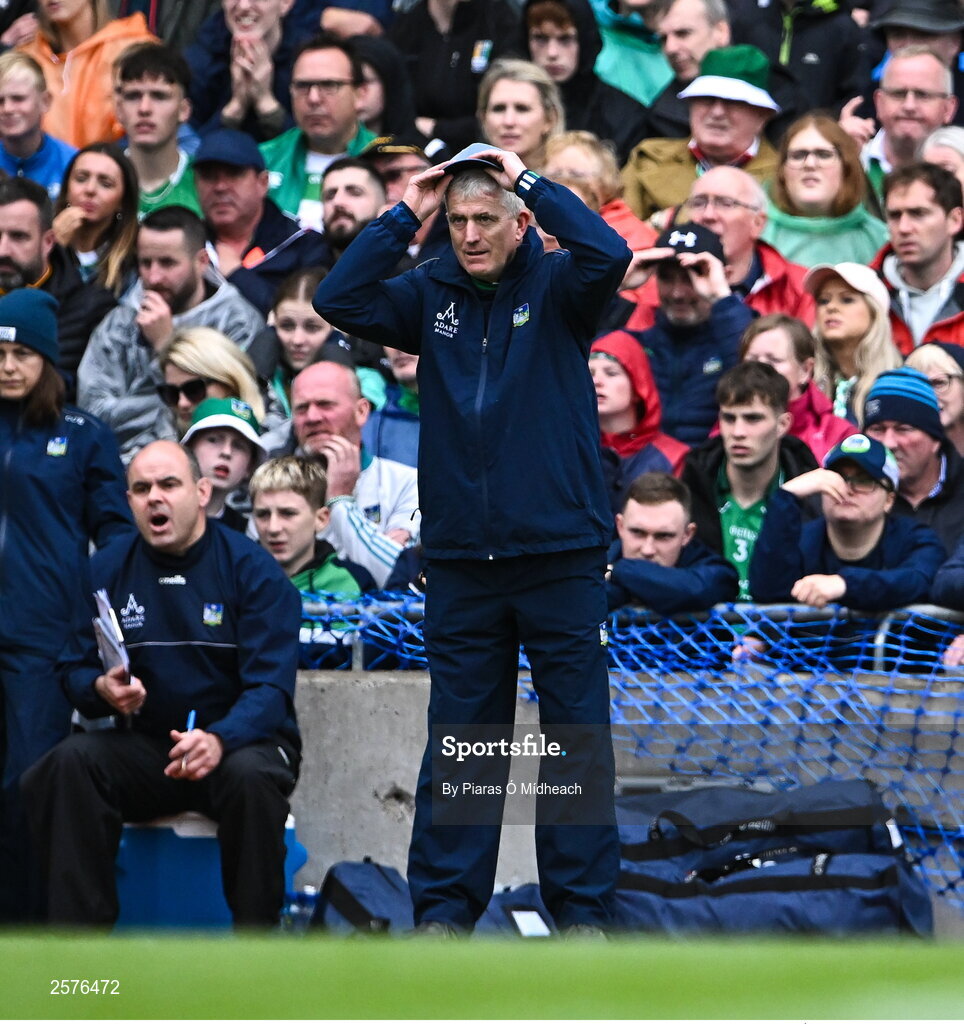 23 July 2023; Limerick manager John Kiely during the GAA Hurling All-Ireland Senior Championship final match between Kilkenny and Limerick at Croke Park in Dublin. Photo by Piaras Ó Mídheach/Sportsfile