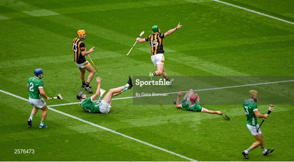 23 July 2023; Eoin Cody of Kilkenny celebrates after scoring his side's first goal during the GAA Hurling All-Ireland Senior Championship final match between Kilkenny and Limerick at Croke Park in Dublin. Photo by Daire Brennan/Sportsfile
