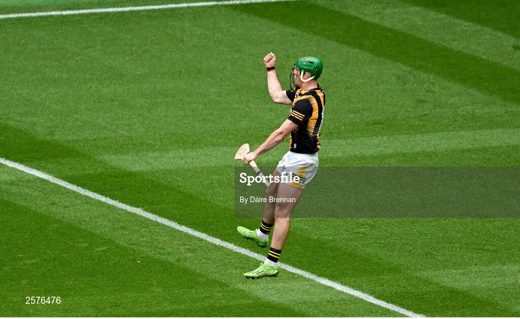 23 July 2023; Eoin Cody of Kilkenny celebrates after scoring his side's first goal during the GAA Hurling All-Ireland Senior Championship final match between Kilkenny and Limerick at Croke Park in Dublin. Photo by Daire Brennan/Sportsfile