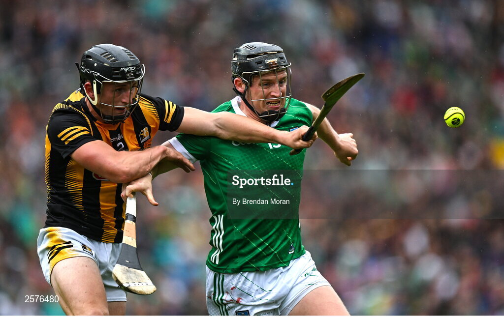23 July 2023; Peter Casey of Limerick in action against Mikey Butler of Kilkenny during the GAA Hurling All-Ireland Senior Championship final match between Kilkenny and Limerick at Croke Park in Dublin. Photo by Brendan Moran/Sportsfile