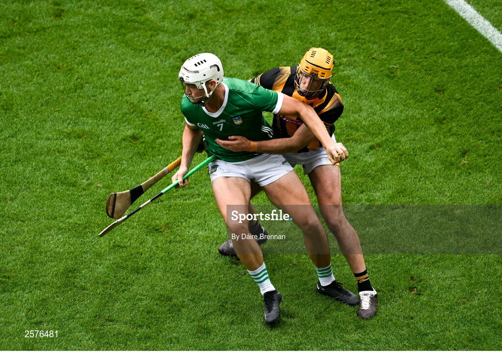 23 July 2023; Kyle Hayes of Limerick in action against John Donnelly of Kilkenny during the GAA Hurling All-Ireland Senior Championship final match between Kilkenny and Limerick at Croke Park in Dublin. Photo by Daire Brennan/Sportsfile