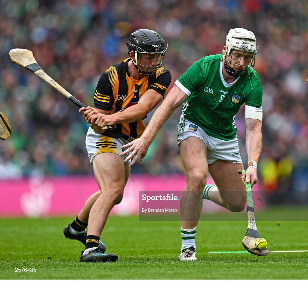 23 July 2023; Cian Lynch of Limerick is tackled by Mikey Butler of Kilkenny during the GAA Hurling All-Ireland Senior Championship final match between Kilkenny and Limerick at Croke Park in Dublin. Photo by Brendan Moran/Sportsfile