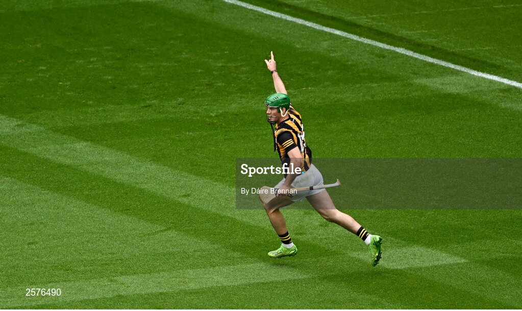 23 July 2023; Eoin Cody of Kilkenny celebrates after scoring his side's first goal during the GAA Hurling All-Ireland Senior Championship final match between Kilkenny and Limerick at Croke Park in Dublin. Photo by Daire Brennan/Sportsfile