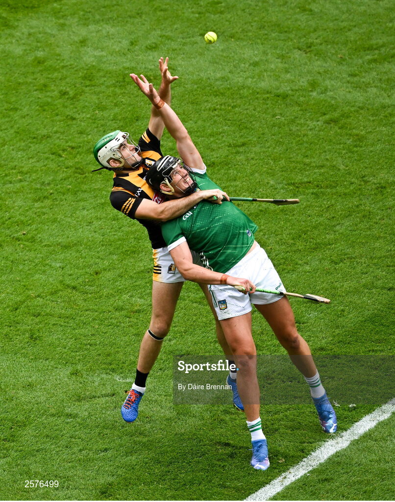 23 July 2023; Gearóid Hegarty of Limerick in action against Paddy Deegan of Kilkenny during the GAA Hurling All-Ireland Senior Championship final match between Kilkenny and Limerick at Croke Park in Dublin. Photo by Daire Brennan/Sportsfile