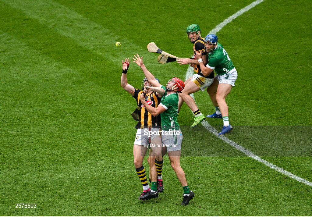 23 July 2023; TJ Reid of Kilkenny in action against Barry Nash of Limerick during the GAA Hurling All-Ireland Senior Championship final match between Kilkenny and Limerick at Croke Park in Dublin. Photo by Daire Brennan/Sportsfile