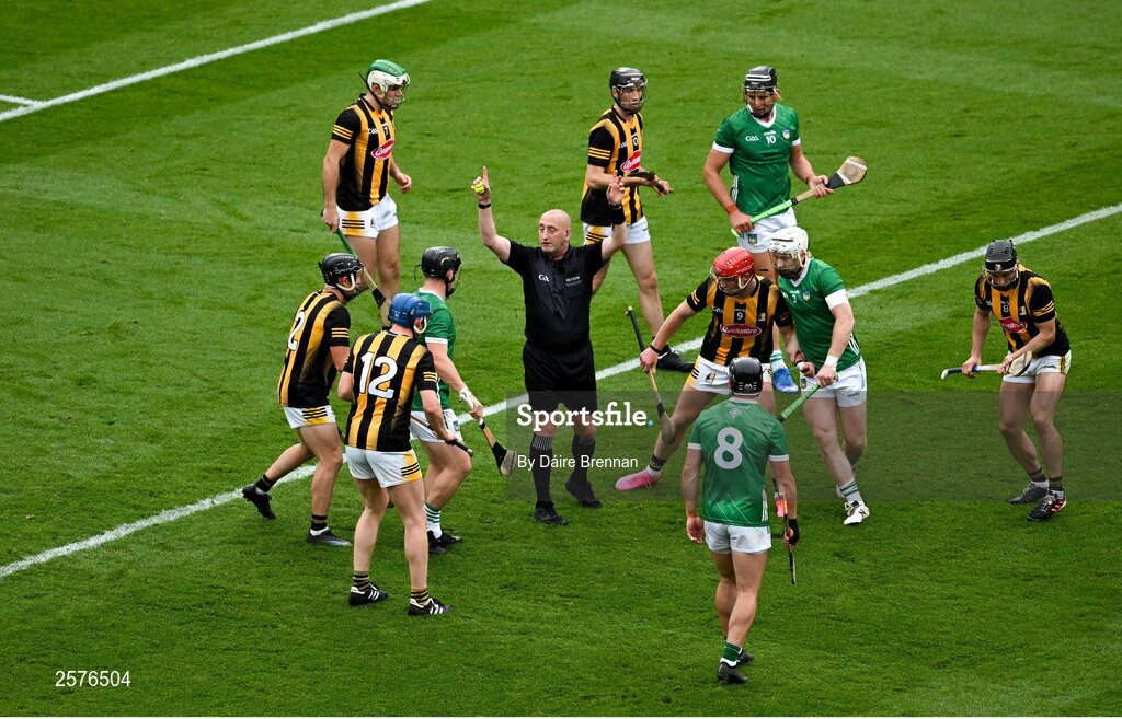 23 July 2023; Referee John Keenan instructs players to move back during the GAA Hurling All-Ireland Senior Championship final match between Kilkenny and Limerick at Croke Park in Dublin. Photo by Daire Brennan/Sportsfile