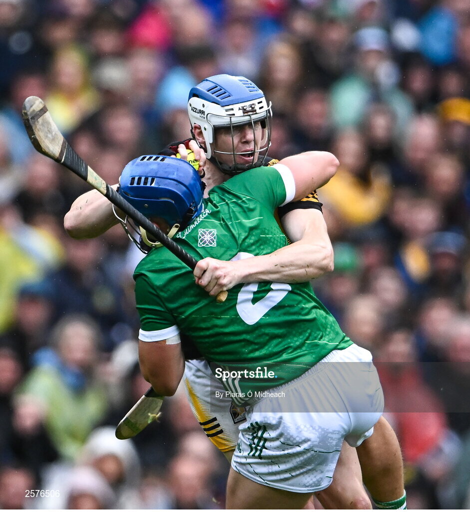 23 July 2023; TJ Reid of Kilkenny is fouled by Mike Casey of Limerick during the GAA Hurling All-Ireland Senior Championship final match between Kilkenny and Limerick at Croke Park in Dublin. Photo by Piaras Ó Mídheach/Sportsfile