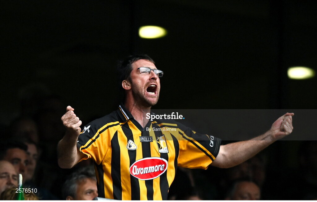 23 July 2023; A Kilkenny supporter celebrates a score during the GAA Hurling All-Ireland Senior Championship final match between Kilkenny and Limerick at Croke Park in Dublin. Photo by Sam Barnes/Sportsfile