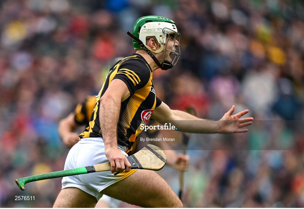 23 July 2023; Paddy Deegan of Kilkenny celebrates after scoring his side's second goal during the GAA Hurling All-Ireland Senior Championship final match between Kilkenny and Limerick at Croke Park in Dublin. Photo by Brendan Moran/Sportsfile