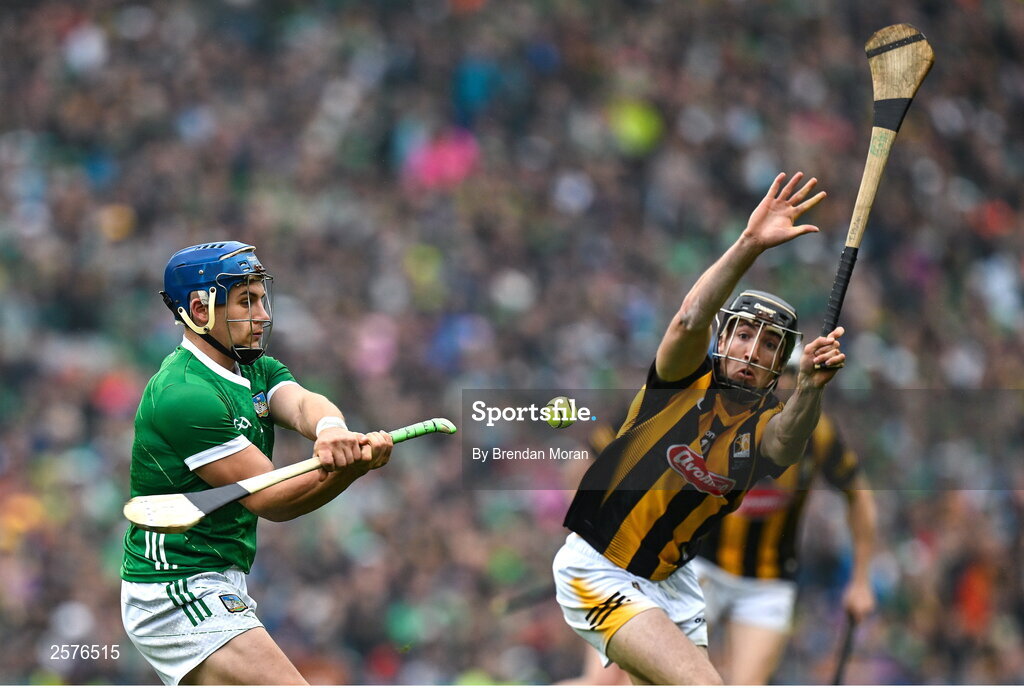 23 July 2023; Mike Casey of Limerick in action against Tom Phelan of Kilkenny during the GAA Hurling All-Ireland Senior Championship final match between Kilkenny and Limerick at Croke Park in Dublin. Photo by Brendan Moran/Sportsfile
