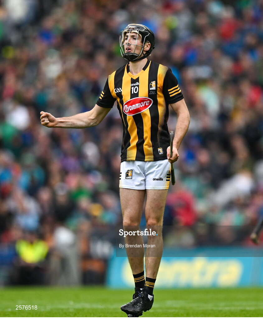 23 July 2023; Tom Phelan of Kilkenny celebrates scoring a point during the GAA Hurling All-Ireland Senior Championship final match between Kilkenny and Limerick at Croke Park in Dublin. Photo by Brendan Moran/Sportsfile