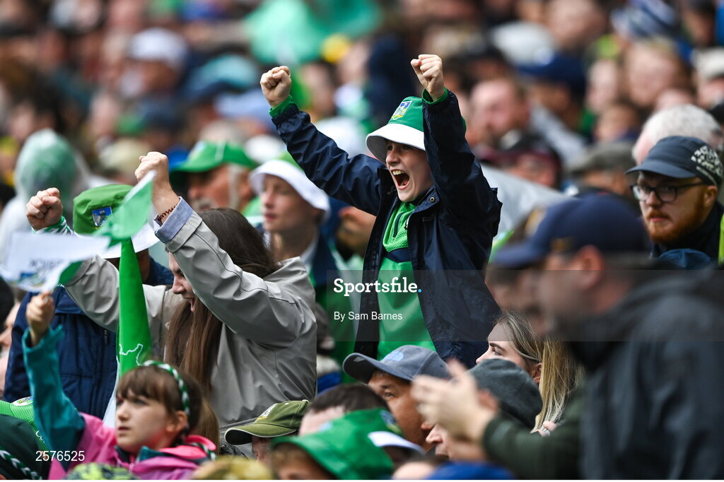 23 July 2023; Limerick supporters celebrate a point during the GAA Hurling All-Ireland Senior Championship final match between Kilkenny and Limerick at Croke Park in Dublin. Photo by Sam Barnes/Sportsfile