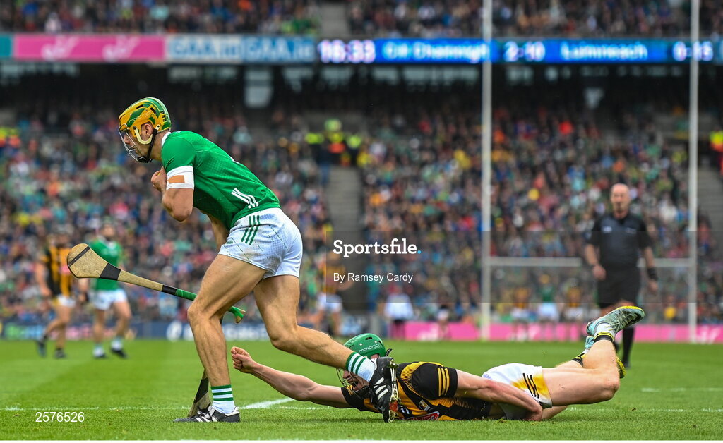 23 July 2023; Dan Morrissey of Limerick in action against Martin Keoghan of Kilkenny during the GAA Hurling All-Ireland Senior Championship final match between Kilkenny and Limerick at Croke Park in Dublin. Photo by Ramsey Cardy/Sportsfile