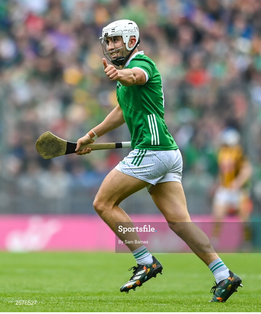 23 July 2023; Aaron Gillane of Limerick celebrates a score to level the game during the GAA Hurling All-Ireland Senior Championship final match between Kilkenny and Limerick at Croke Park in Dublin. Photo by Sam Barnes/Sportsfile