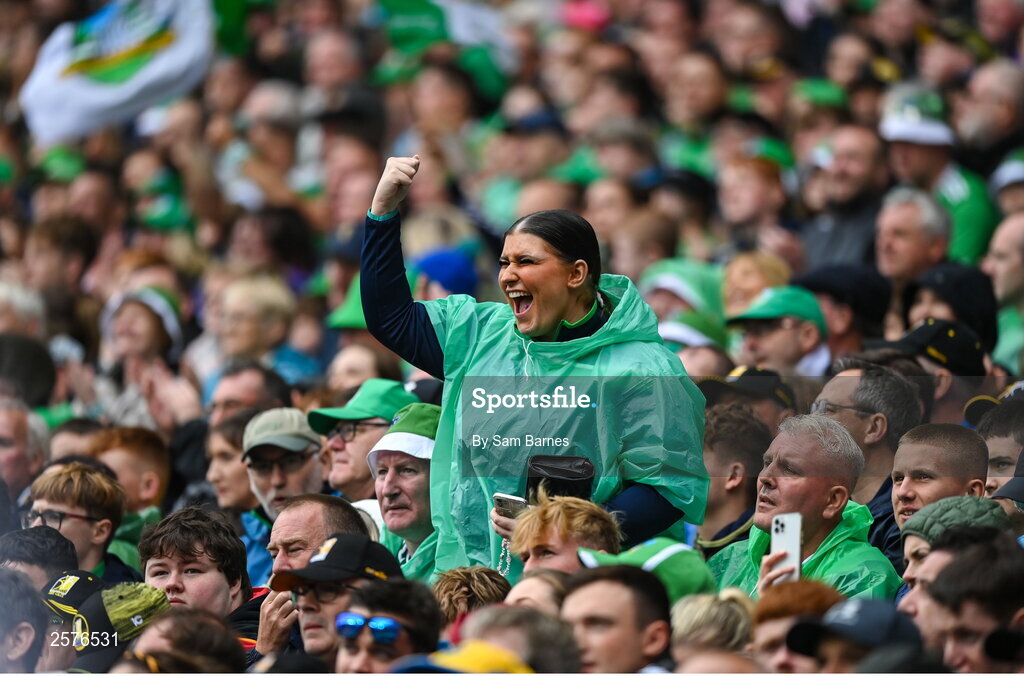 23 July 2023; A Limerick supporter celebrates a score during the GAA Hurling All-Ireland Senior Championship final match between Kilkenny and Limerick at Croke Park in Dublin. Photo by Sam Barnes/Sportsfile