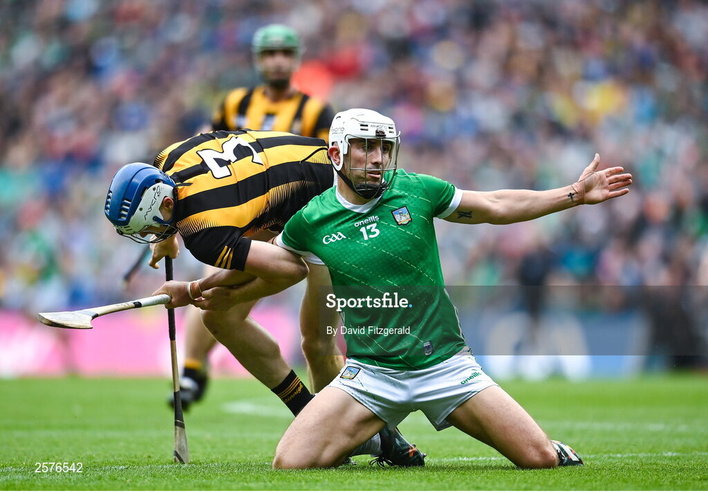23 July 2023; Aaron Gillane of Limerick in action against Huw Lawlor of Kilkenny during the GAA Hurling All-Ireland Senior Championship final match between Kilkenny and Limerick at Croke Park in Dublin. Photo by David Fitzgerald/Sportsfile