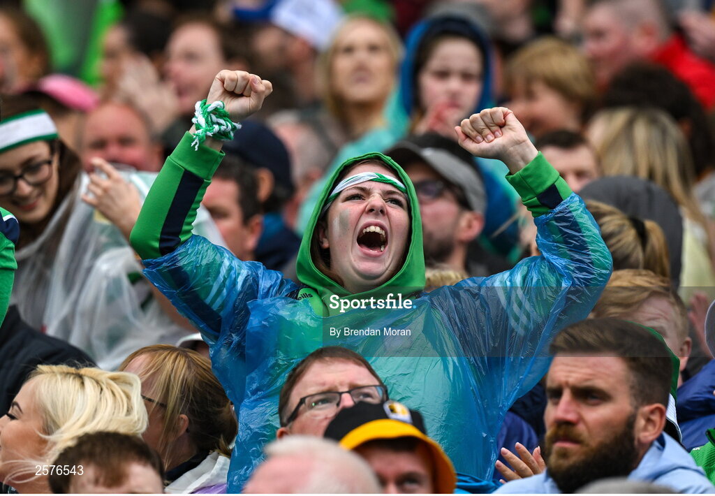 23 July 2023; A Limerick supporter cheers on their side during the GAA Hurling All-Ireland Senior Championship final match between Kilkenny and Limerick at Croke Park in Dublin. Photo by Brendan Moran/Sportsfile