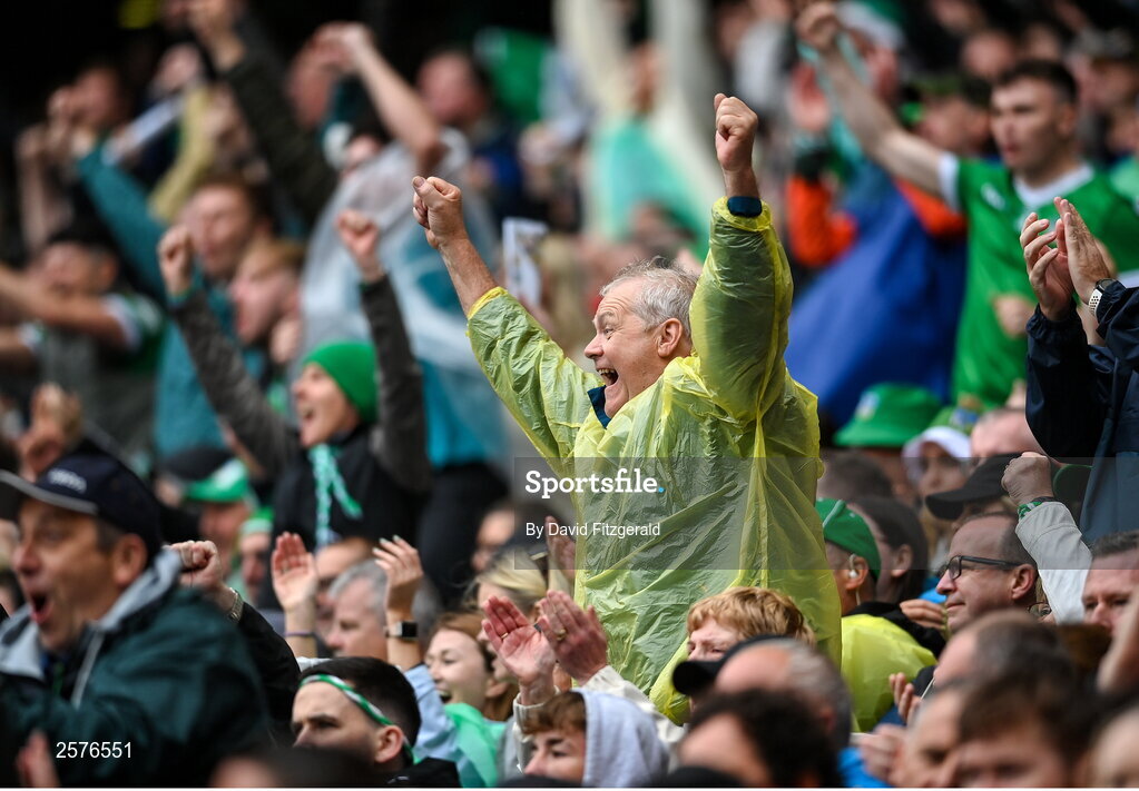 23 July 2023; Limerick supporters celebrate a score during the GAA Hurling All-Ireland Senior Championship final match between Kilkenny and Limerick at Croke Park in Dublin. Photo by David Fitzgerald/Sportsfile