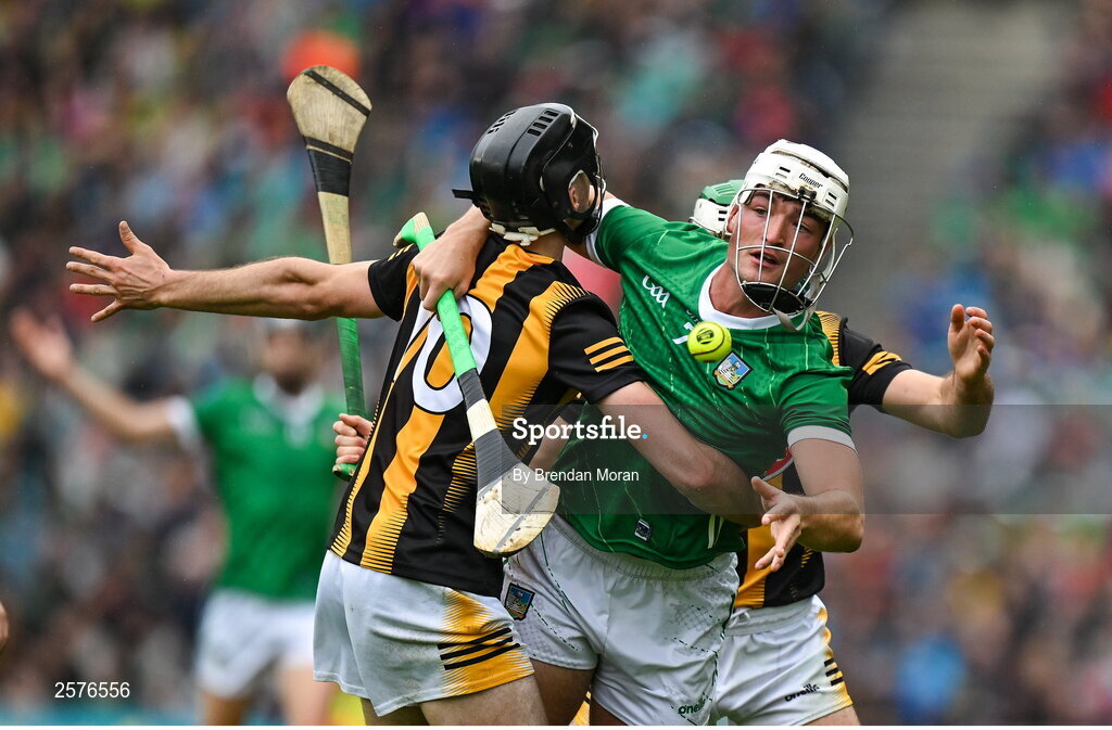 23 July 2023; Kyle Hayes of Limerick is tackled by Tom Phelan of Kilkenny during the GAA Hurling All-Ireland Senior Championship final match between Kilkenny and Limerick at Croke Park in Dublin. Photo by Brendan Moran/Sportsfile