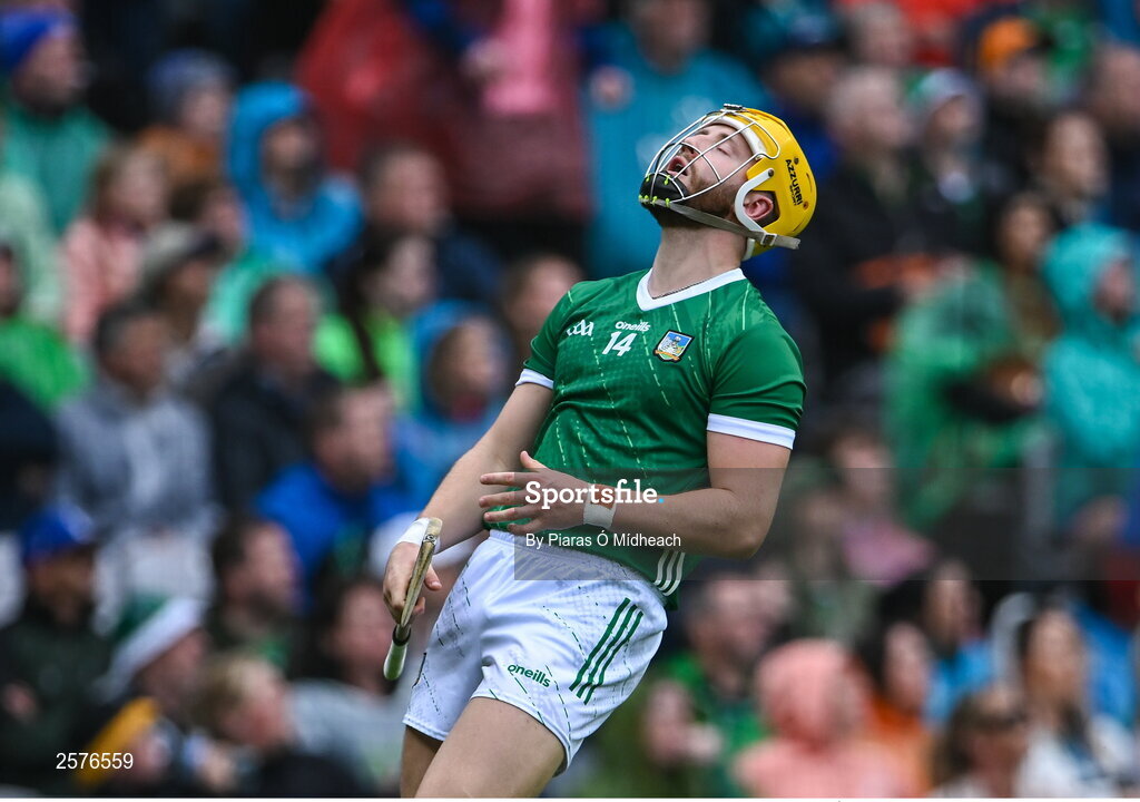 23 July 2023; Séamus Flanagan of Limerick reacts to a missed chance during the GAA Hurling All-Ireland Senior Championship final match between Kilkenny and Limerick at Croke Park in Dublin. Photo by Piaras Ó Mídheach/Sportsfile