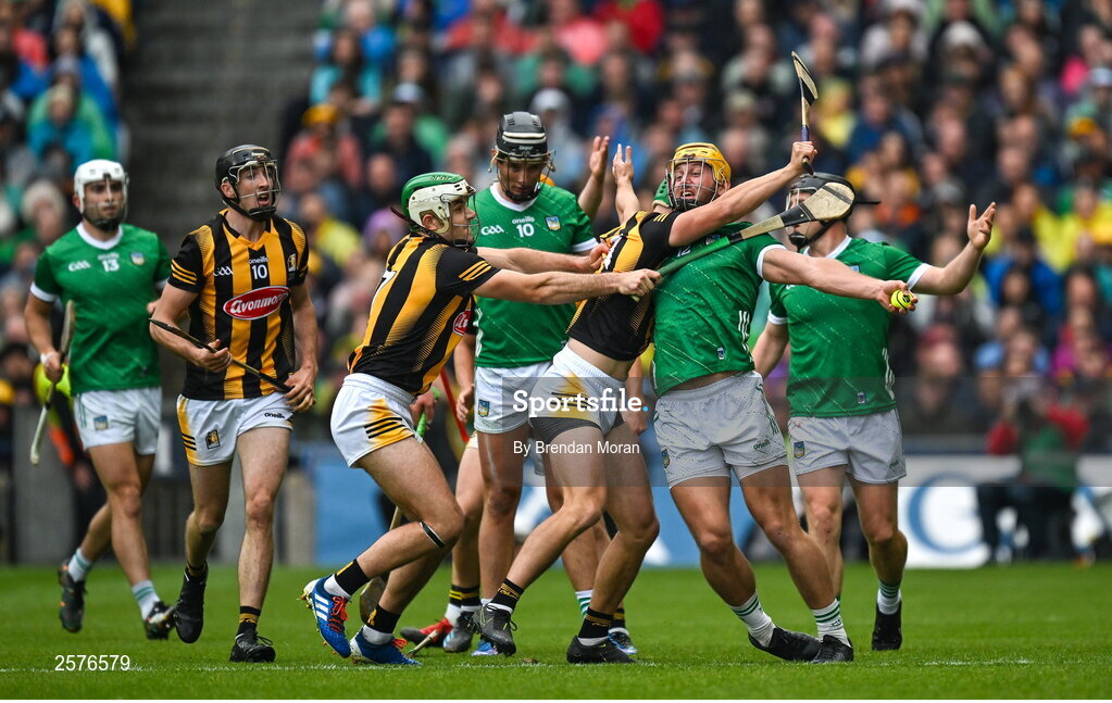 23 July 2023; Tom Morrissey of Limerick is tackled by Alan Murphy of Kilkenny during the GAA Hurling All-Ireland Senior Championship final match between Kilkenny and Limerick at Croke Park in Dublin. Photo by Brendan Moran/Sportsfile