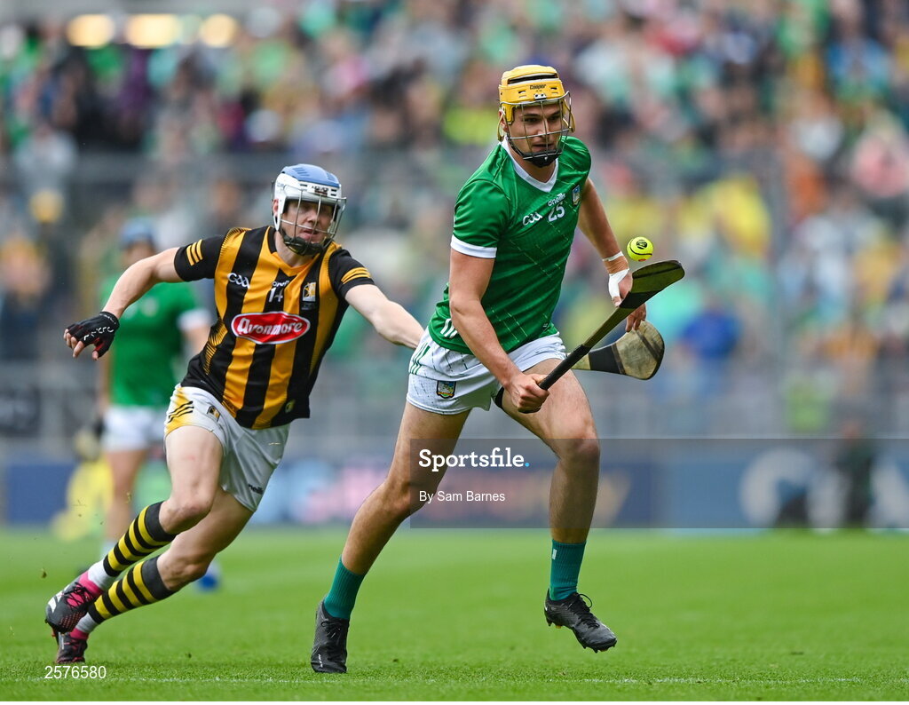 23 July 2023; Cathal O'Neill of Limerick in action against TJ Reid of Kilkenny during the GAA Hurling All-Ireland Senior Championship final match between Kilkenny and Limerick at Croke Park in Dublin. Photo by Sam Barnes/Sportsfile