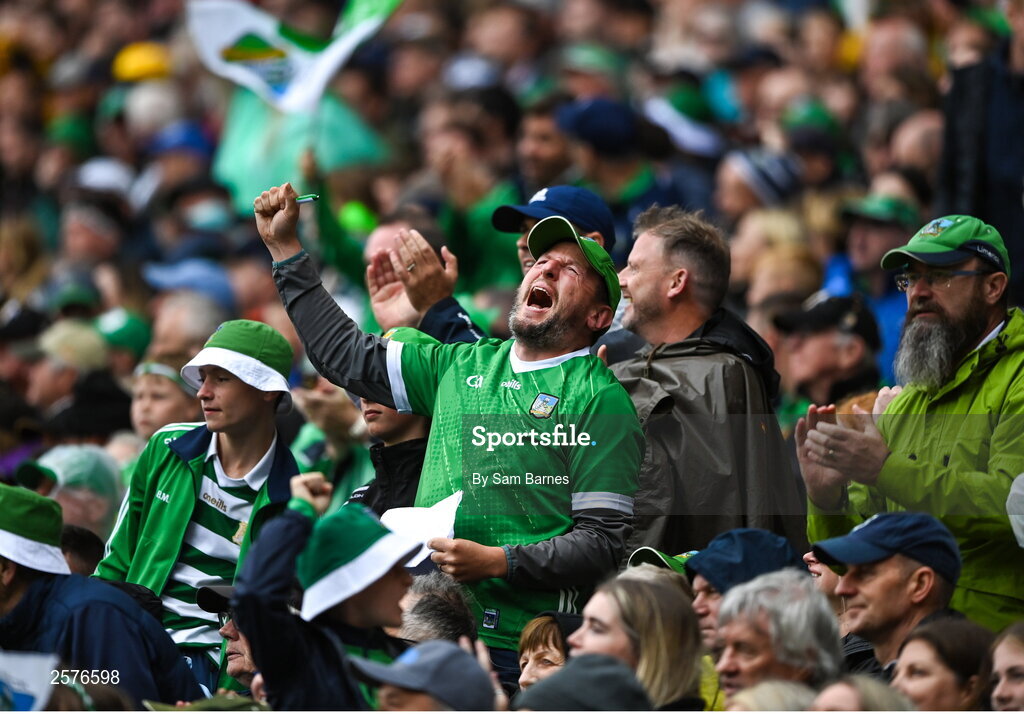 23 July 2023; Limerick supporter celebrates at the final whistle after the GAA Hurling All-Ireland Senior Championship final match between Kilkenny and Limerick at Croke Park in Dublin. Photo by Sam Barnes/Sportsfile