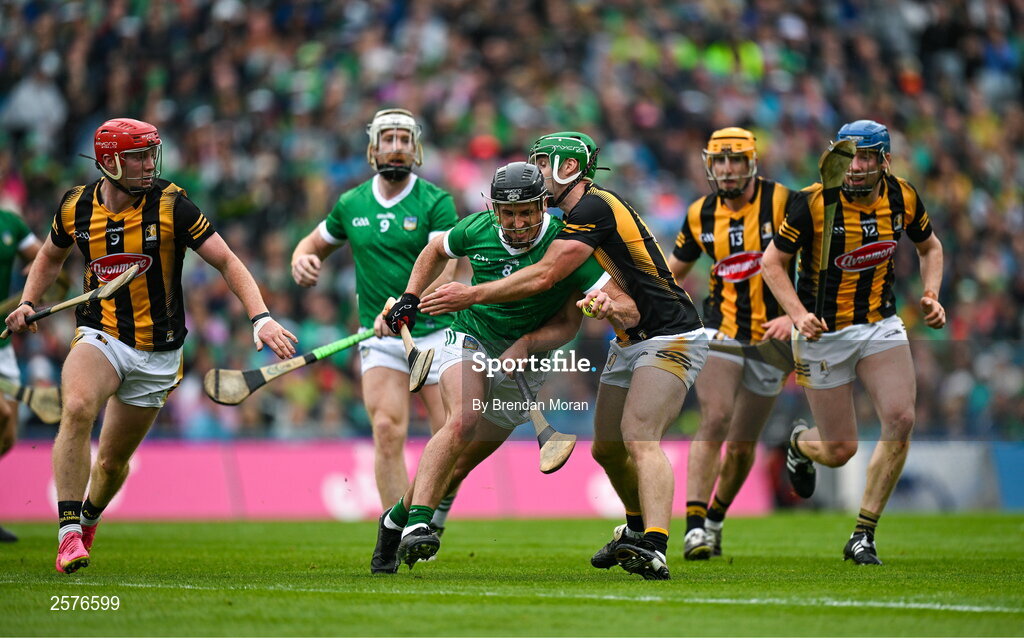 23 July 2023; Darragh O'Donovan of Limerick is tackled by Tommy Walsh of Kilkenny during the GAA Hurling All-Ireland Senior Championship final match between Kilkenny and Limerick at Croke Park in Dublin. Photo by Brendan Moran/Sportsfile