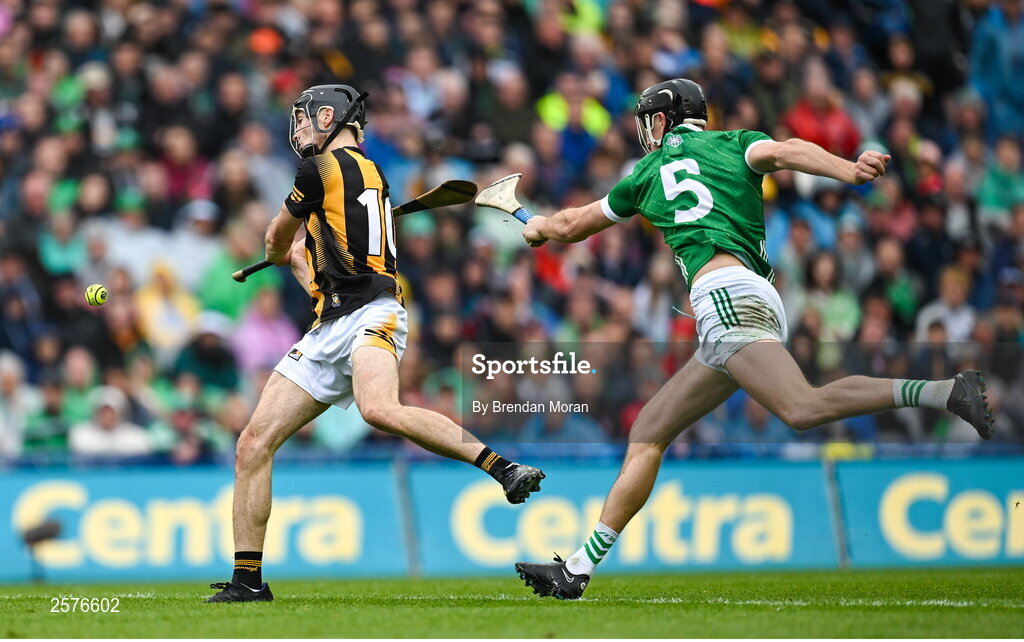 23 July 2023; Tom Phelan of Kilkenny is hooked by Diarmaid Byrnes of Limerick during the GAA Hurling All-Ireland Senior Championship final match between Kilkenny and Limerick at Croke Park in Dublin. Photo by Brendan Moran/Sportsfile