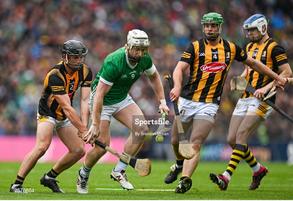 23 July 2023; Cian Lynch of Limerick is tackled by Mikey Butler of Kilkenny during the GAA Hurling All-Ireland Senior Championship final match between Kilkenny and Limerick at Croke Park in Dublin. Photo by Brendan Moran/Sportsfile