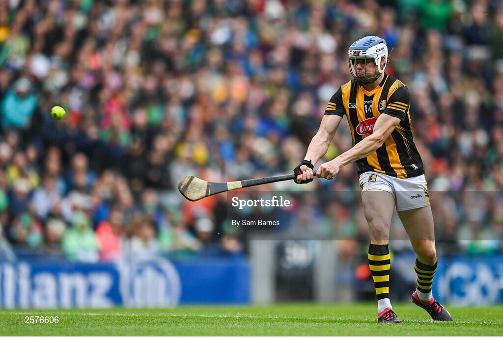 23 July 2023; TJ Reid of Kilkenny takes a free during the GAA Hurling All-Ireland Senior Championship final match between Kilkenny and Limerick at Croke Park in Dublin. Photo by Sam Barnes/Sportsfile