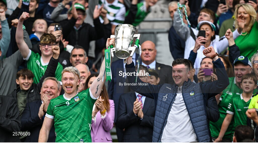 23 July 2023; Limerick players Cian Lynch, left, and Declan Hannon lift the Liam MacCarthy Cup after his side's victory in the GAA Hurling All-Ireland Senior Championship final match between Kilkenny and Limerick at Croke Park in Dublin. Photo by Brendan Moran/Sportsfile