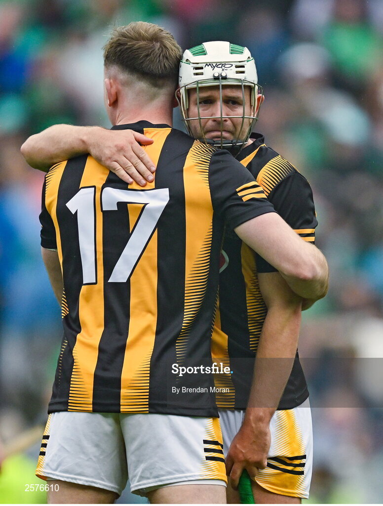 23 July 2023; Pádraig Walsh, right and Conor Delaney of Kilkenny after the final whistle of the GAA Hurling All-Ireland Senior Championship final match between Kilkenny and Limerick at Croke Park in Dublin. Photo by Brendan Moran/Sportsfile