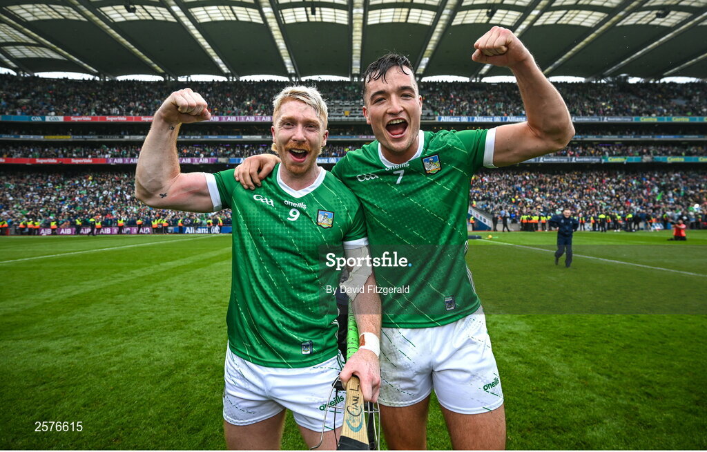 23 July 2023; Cian Lynch, left, and Kyle Hayes of Limerick celebrate after the GAA Hurling All-Ireland Senior Championship final match between Kilkenny and Limerick at Croke Park in Dublin. Photo by David Fitzgerald/Sportsfile