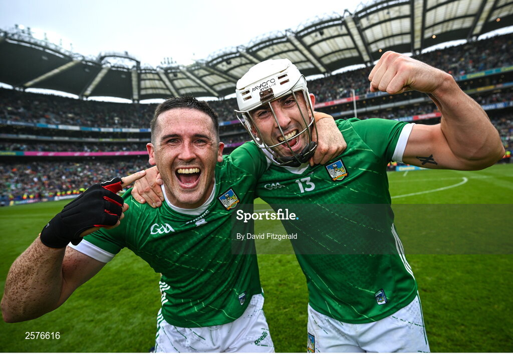 23 July 2023; Darragh O'Donovan, left, and Aaron Gillane of Limerick celebrate after the GAA Hurling All-Ireland Senior Championship final match between Kilkenny and Limerick at Croke Park in Dublin. Photo by David Fitzgerald/Sportsfile