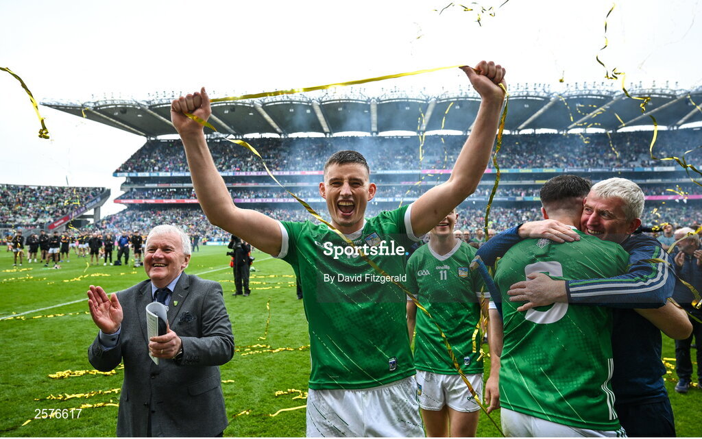 23 July 2023; Gearóid Hegarty of Limerick celebrates after the GAA Hurling All-Ireland Senior Championship final match between Kilkenny and Limerick at Croke Park in Dublin. Photo by David Fitzgerald/Sportsfile