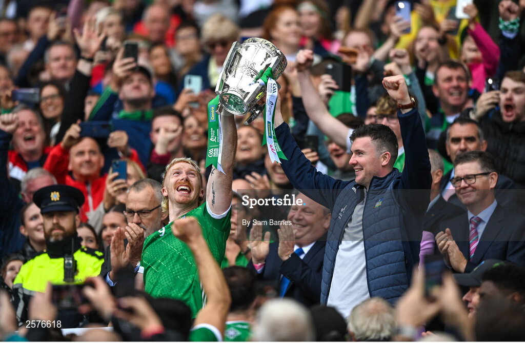 23 July 2023; Limerick players Cian Lynch, left, and Declan Hannon lift the Liam MacCarthy Cup after his side's victory in  the GAA Hurling All-Ireland Senior Championship final match between Kilkenny and Limerick at Croke Park in Dublin. Photo by Sam Barnes/Sportsfile