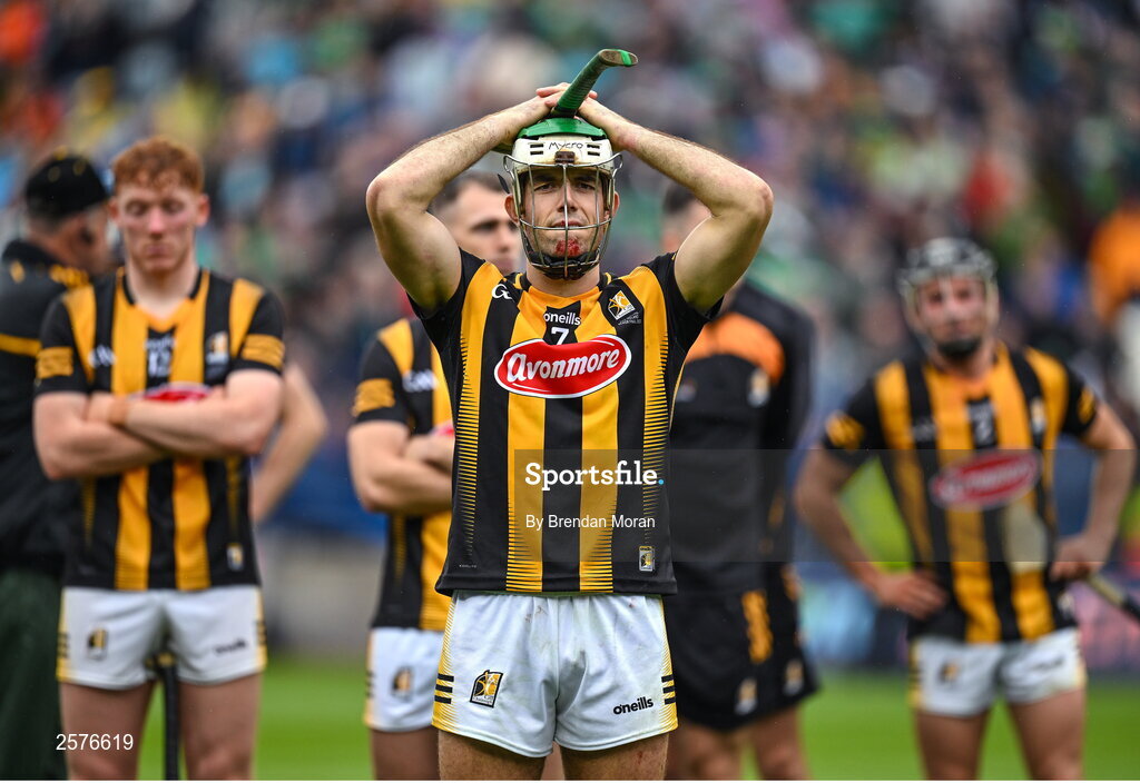 23 July 2023; Paddy Deegan of Kilkenny and his teamates dejected after the GAA Hurling All-Ireland Senior Championship final match between Kilkenny and Limerick at Croke Park in Dublin. Photo by Brendan Moran/Sportsfile