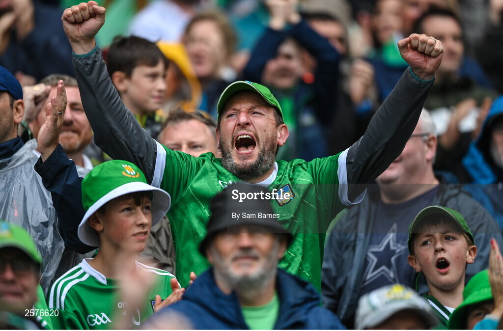 23 July 2023; A Limerick supporter celebrates after the final whistle at the GAA Hurling All-Ireland Senior Championship final match between Kilkenny and Limerick at Croke Park in Dublin. Photo by Sam Barnes/Sportsfile