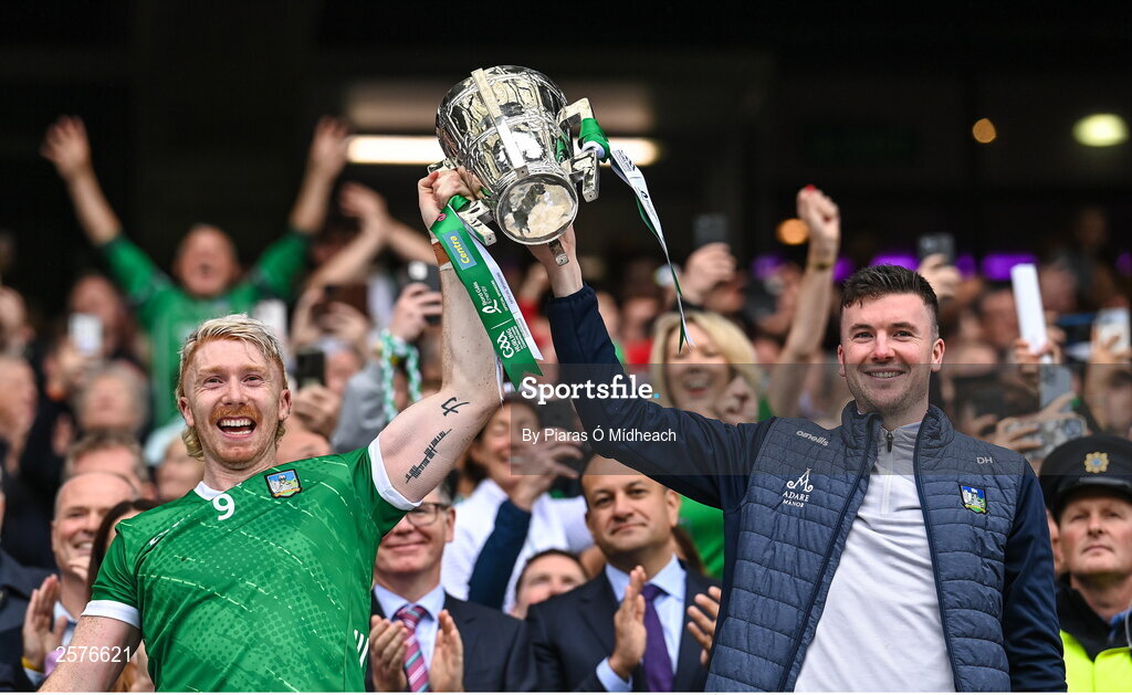23 July 2023; Limerick players Cian Lynch, left, and Declan Hannon lift the Liam MacCarthy Cup after his side's victory in  the GAA Hurling All-Ireland Senior Championship final match between Kilkenny and Limerick at Croke Park in Dublin. Photo by Piaras Ó Mídheach/Sportsfile