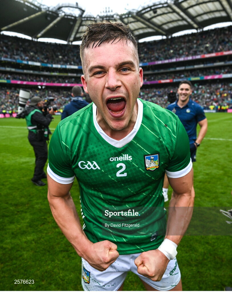 23 July 2023; Mike Casey of Limerick celebrates after the GAA Hurling All-Ireland Senior Championship final match between Kilkenny and Limerick at Croke Park in Dublin. Photo by David Fitzgerald/Sportsfile