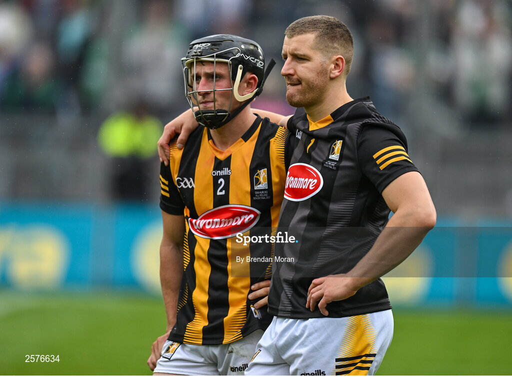 23 July 2023; Kilkenny players Mikey Butler, left, and Eoin Murphy dejected after the GAA Hurling All-Ireland Senior Championship final match between Kilkenny and Limerick at Croke Park in Dublin. Photo by Brendan Moran/Sportsfile