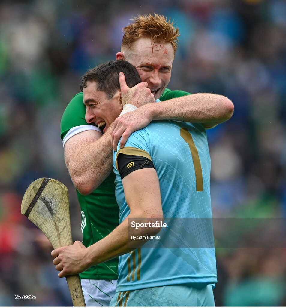 23 July 2023; Limerick players William O'Donoghue, left, and Nickie Quaid celebrate after the GAA Hurling All-Ireland Senior Championship final match between Kilkenny and Limerick at Croke Park in Dublin. Photo by Sam Barnes/Sportsfile
